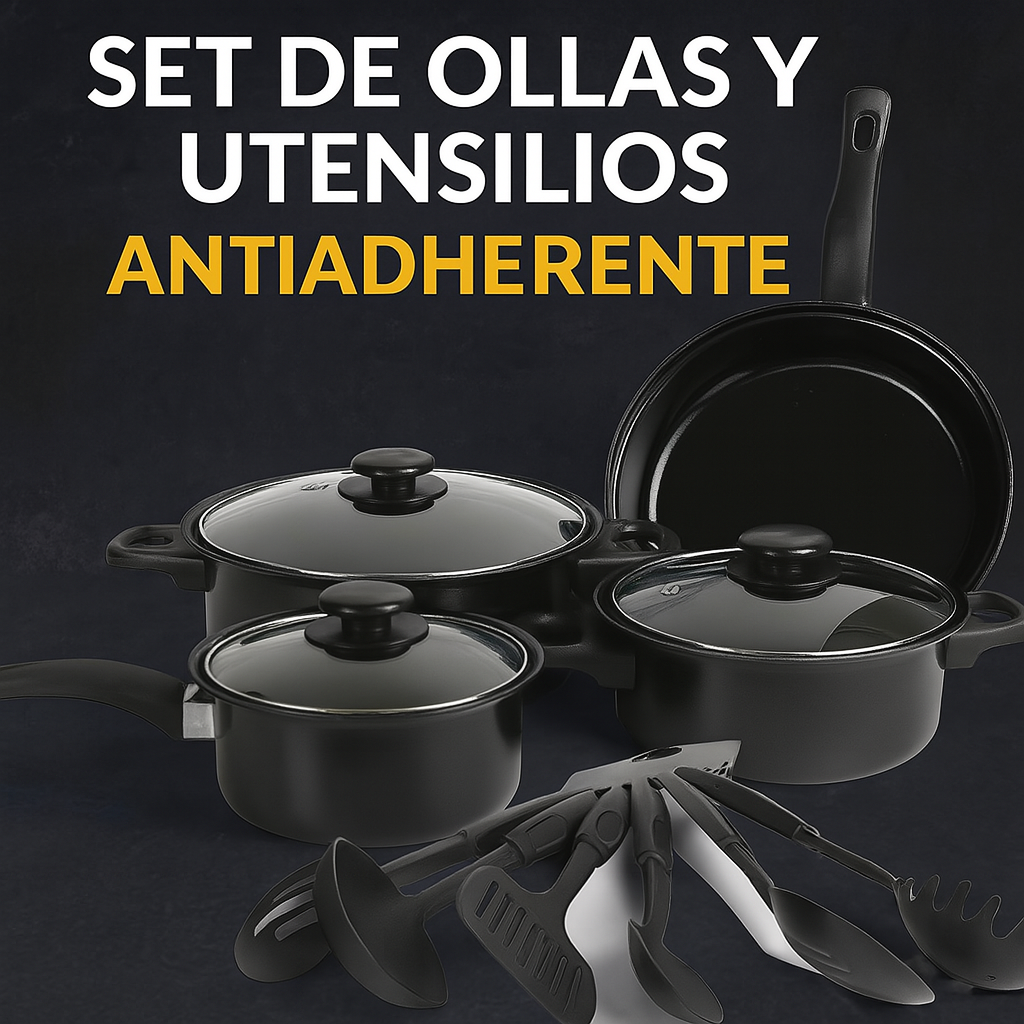 SET DE OLLAS Y JUEGO DE UTENCILIOS ANTIADHERENTE | 13 PIEZAS